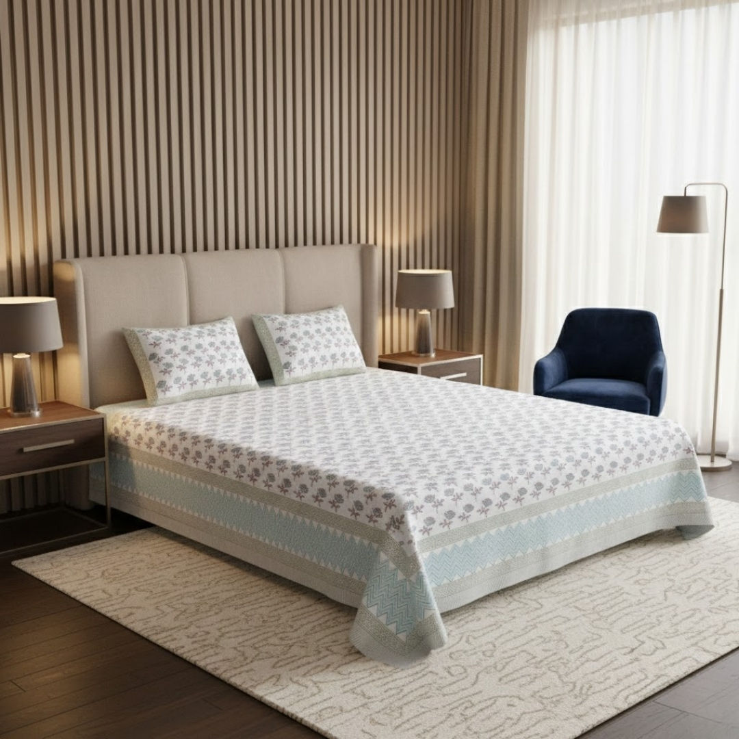 Dotted Flowers Hand Block Print Double Bedsheet